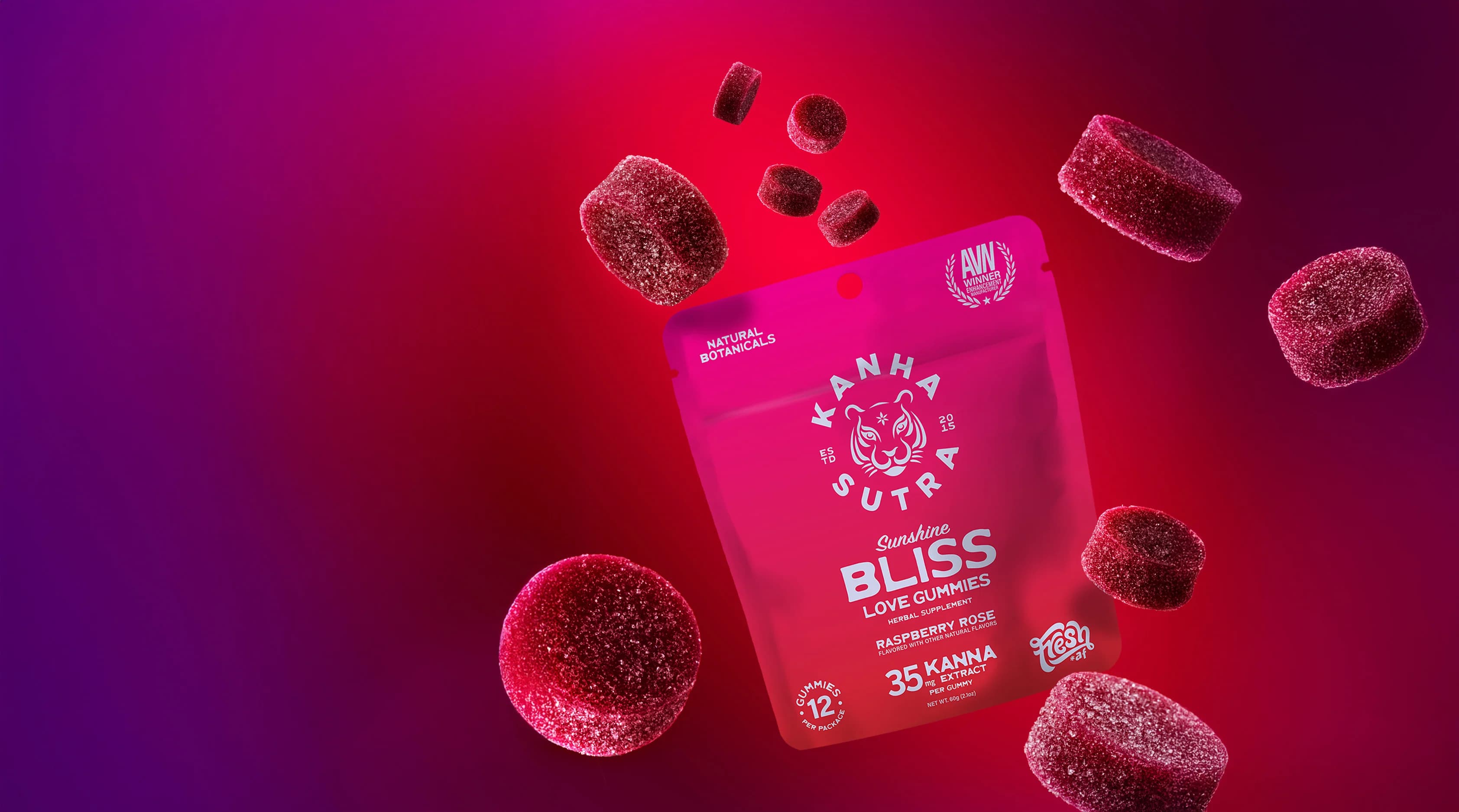 KANHA Sunshine Bliss Love Gummies — pouch with raspberry-rose gummies